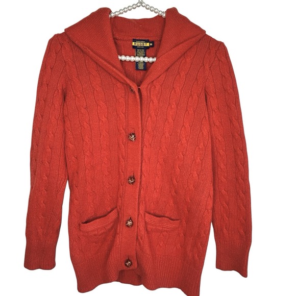 Rugby Ralph Lauren Wool Cardigan Sweater Med Cable Knit Preppy Grandpa Fisherman - Picture 1 of 13